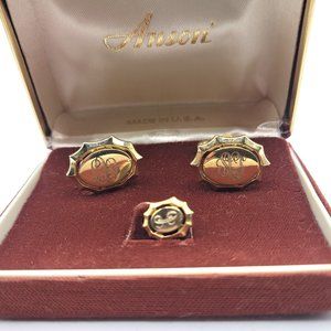 Vintage Monogrammed Anson Gold-tone Cuff-Links Tie-Tack Set in Original Box